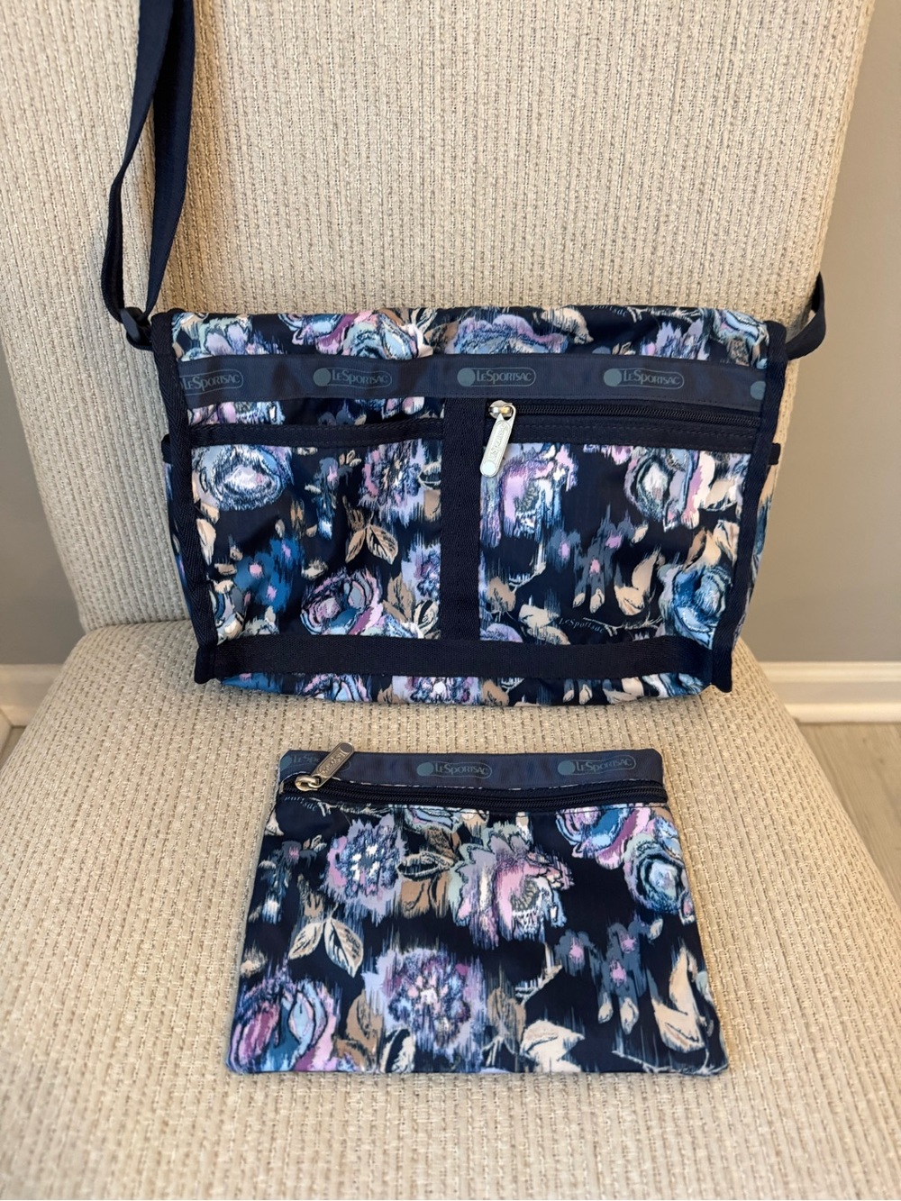 Lesportsac Navy Floral Nylon Crossbody with Matching Pouch